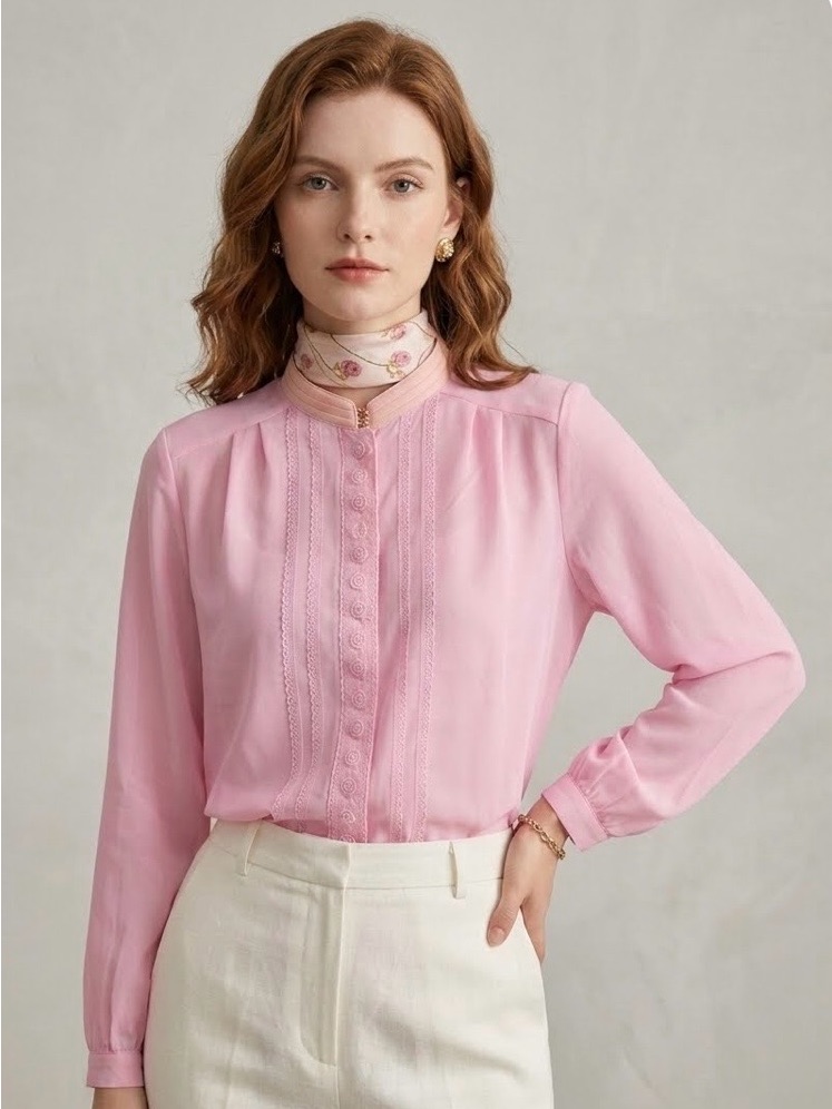 Vintage Japanese Silk Top In Sheer Pink W/Lace-Trim Button Front Blouse Size S